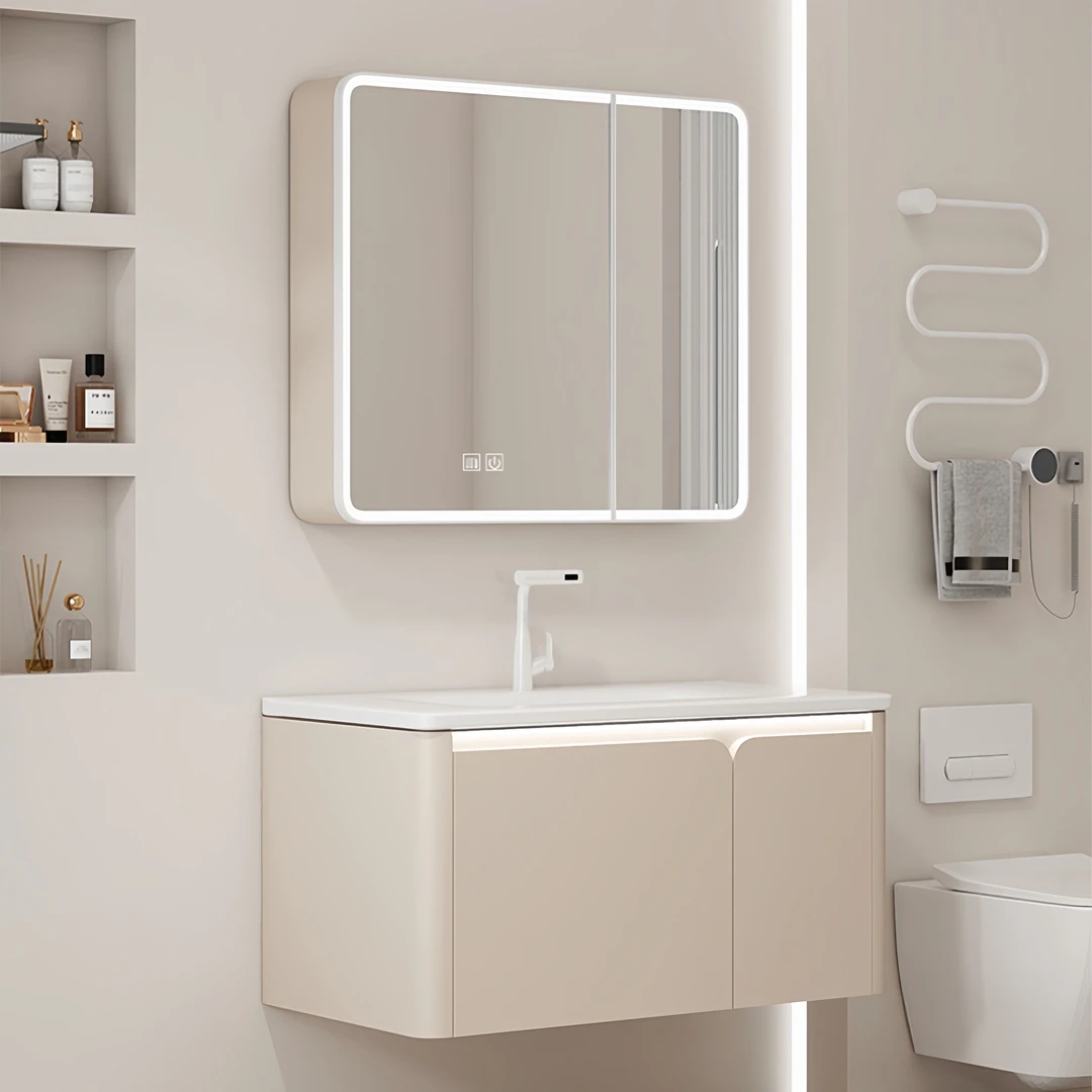 奶油风多层实木浴室柜组合陶瓷一体盆洗手洗脸盆柜组合洗漱盆防潮