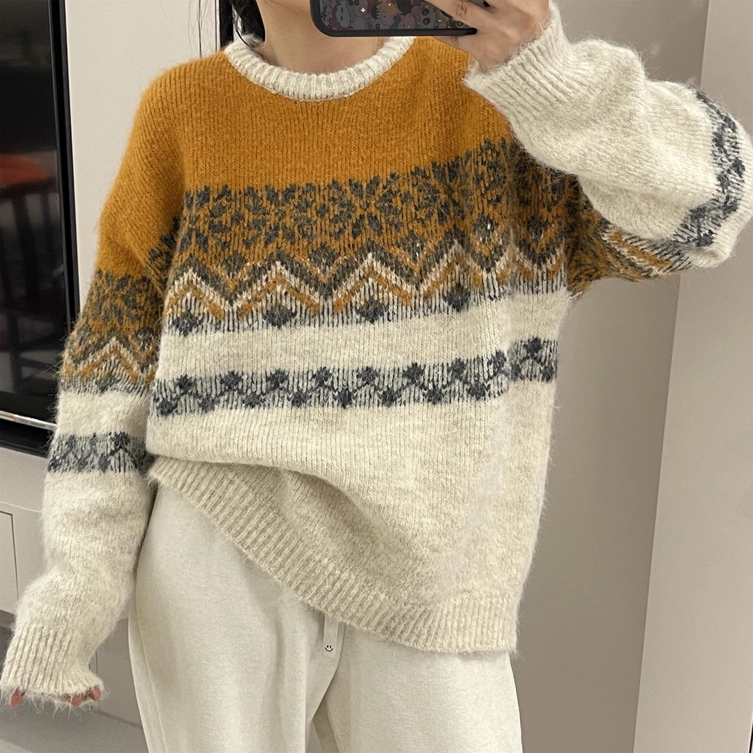 复古提花针织毛衣圆领套头落肩长袖慵懒风美拉德内搭针织衫