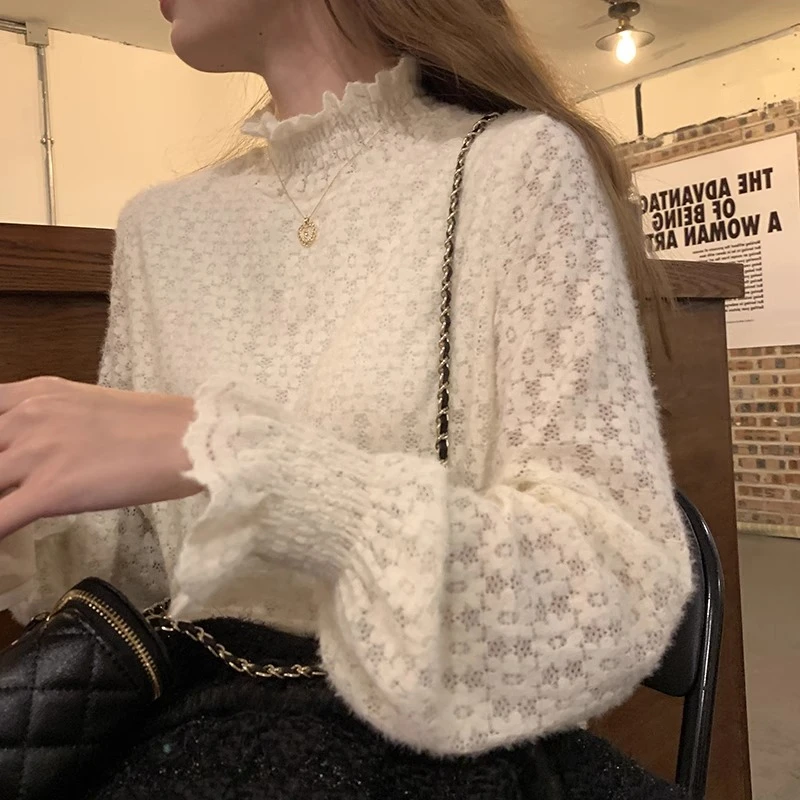 半高领磨毛加绒蕾丝打底衫女秋冬洋气内搭小衫高端时尚网纱上衣潮