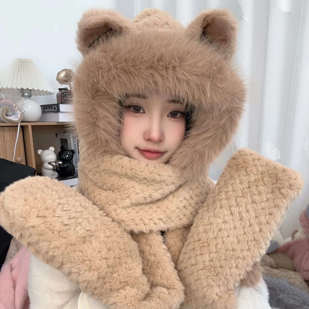 新款毛绒帽子可爱保暖防风冬季加绒加厚小狐狸围巾一体保暖三件套
