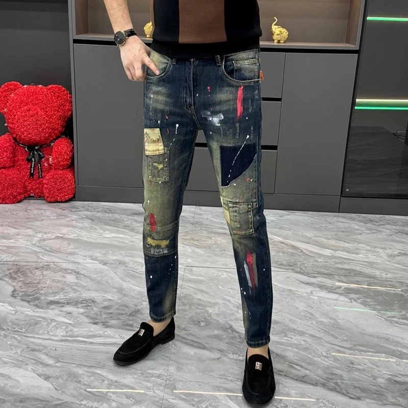 2024潮流泼墨牛仔裤男春秋季时尚设计感补丁拼接小脚裤修身长裤子