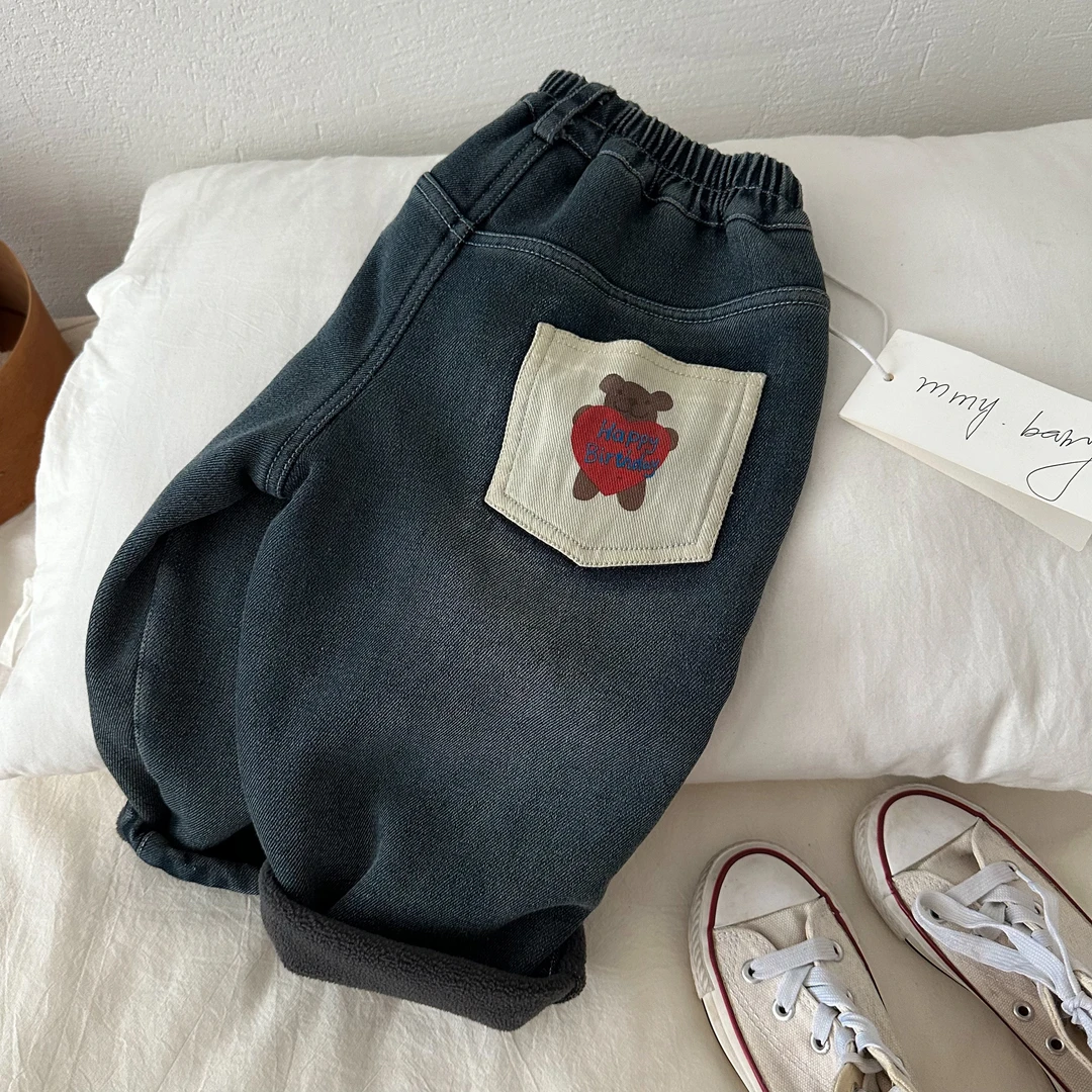 儿童长裤2024冬季新款男女童卡通加厚牛仔裤宝宝简约直筒裤66796