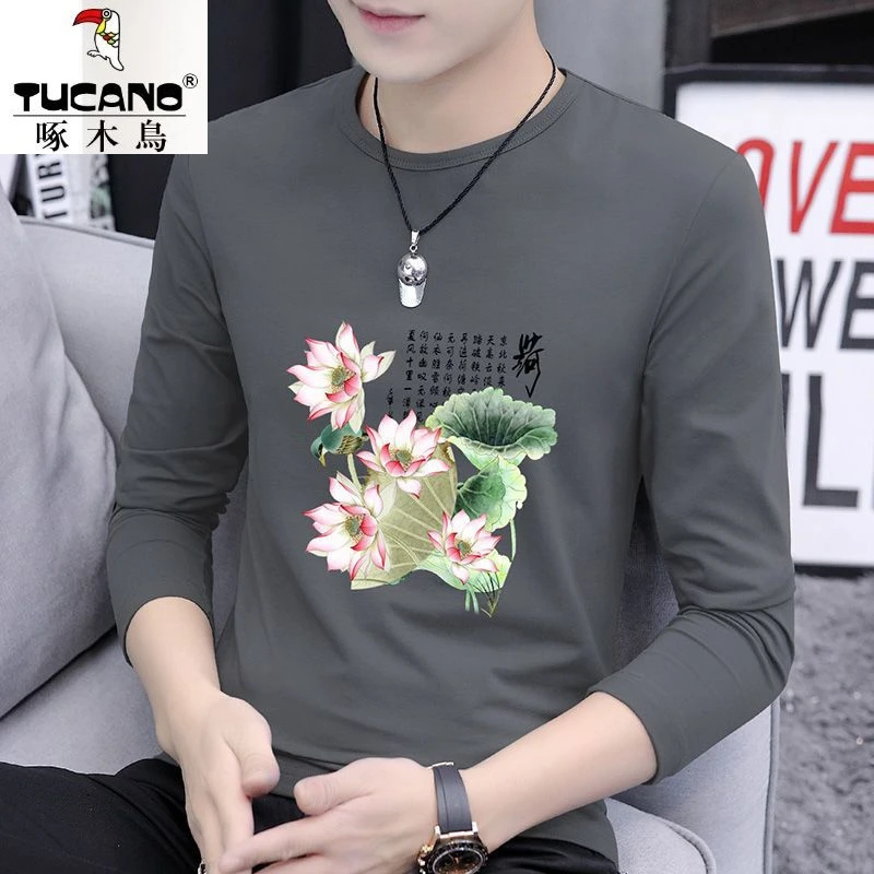 啄/木/鸟/男士上衣新款长袖T恤圆领印花春秋季棉T恤男打底纯棉宽