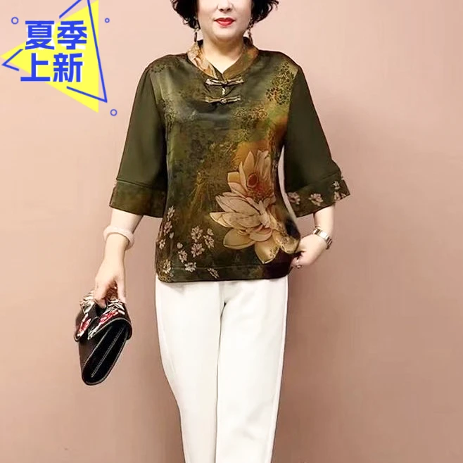H夏季新款衬衫洋气中老年妈妈装宽松显瘦国风桑蚕丝小衫气质上衣