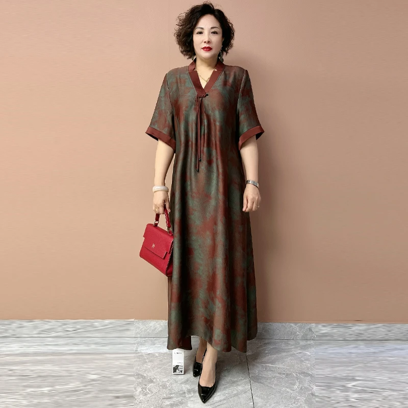 H夏季新款高档重磅桑蚕丝连衣裙宽松大码遮肚显瘦过膝长裙子