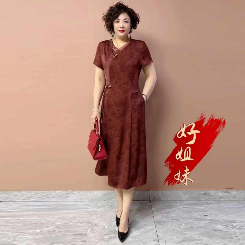 H夏季新款高档丝质复古连衣裙新国风中老年女装中长款收腰裙子