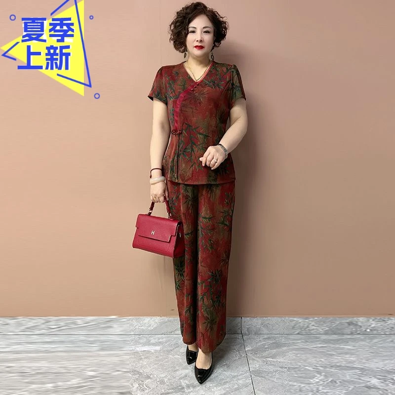 H夏季新款高档桑蚕丝套装洋气阔太太高端中老年时尚阔腿裤两件套