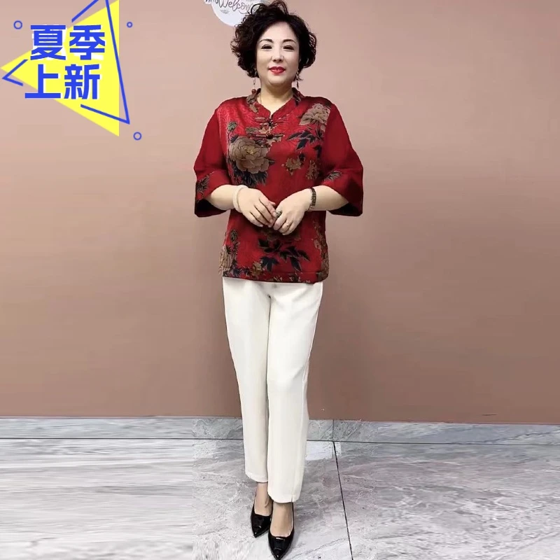 H夏季新款桑蚕丝时尚中老年妈妈大码上衣盘扣牡丹花宽松显瘦衬衫
