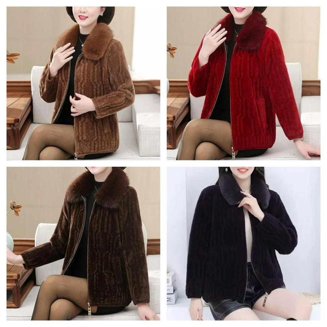 P冬季新款妈妈装仿水貂绒短款拉链外套女加厚毛领针织秋冬装