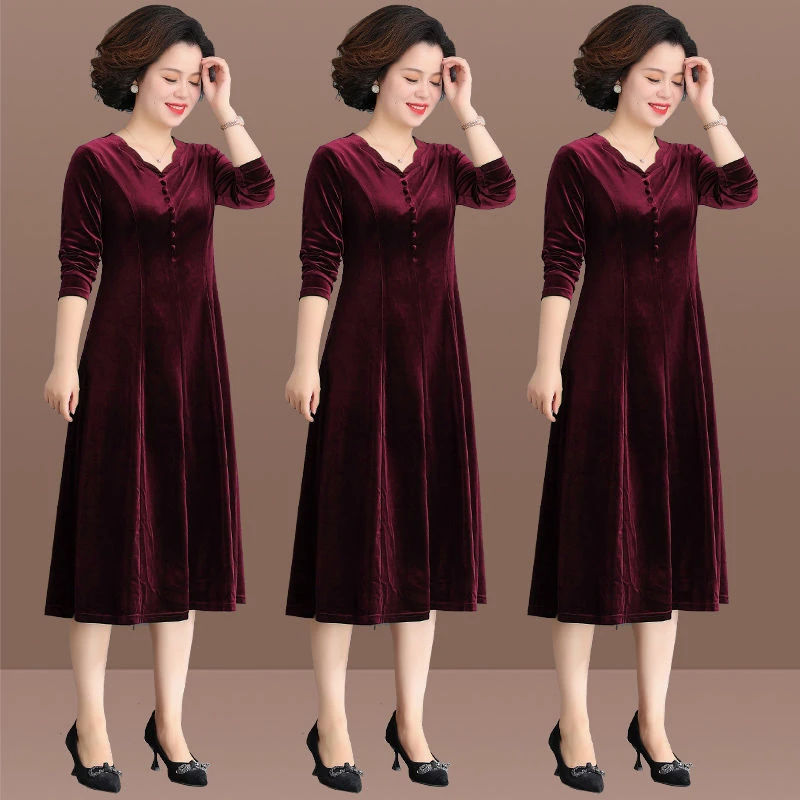 妈妈春装连衣裙中年金丝绒喜婆婆婚宴装中老年女春秋参加婚礼裙子
