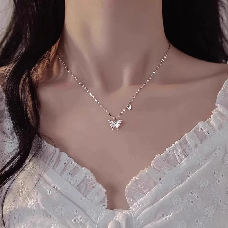 坠链均足银 蝴蝶项链999纯银项链女生款高级感轻奢520礼物送女友