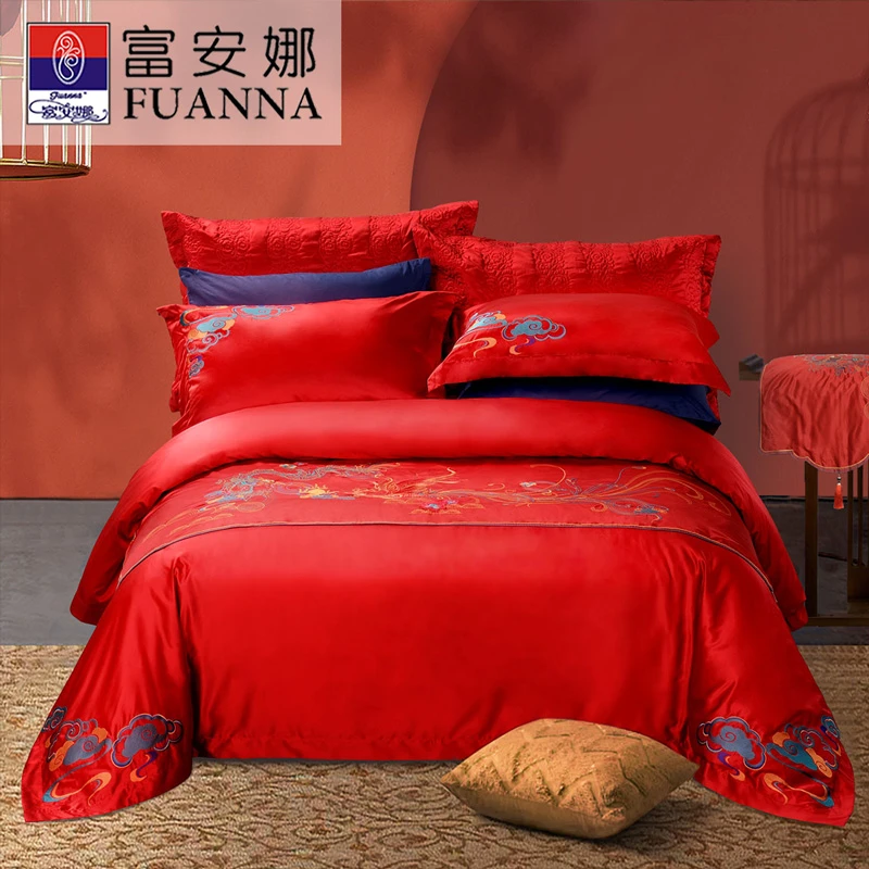 富安娜中式喜庆婚庆60支缎纹双面用六件套龙跃凤鸣【罗心悦专属】