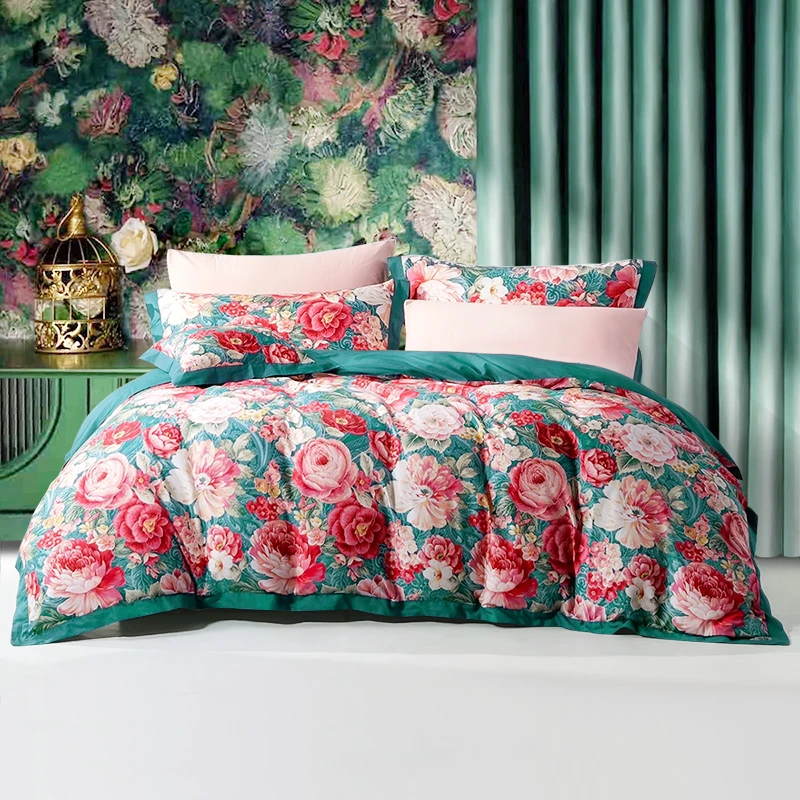 富安娜纯棉全棉复古大花田园风印花亲肤棉床单四件套斜纹锦绣南歌