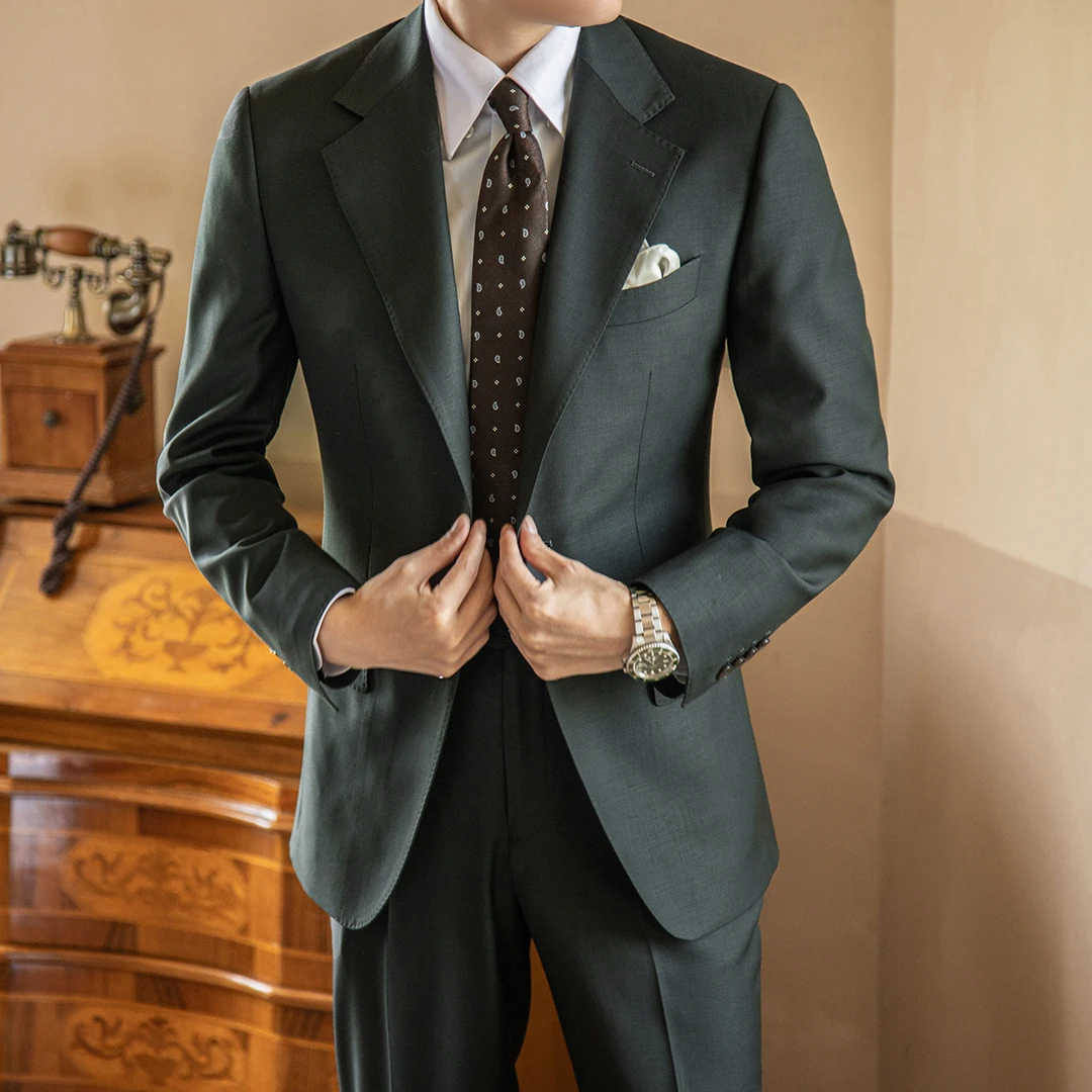 [单西]男士墨绿色西装时尚休闲平驳领四季薄款商务职业西服单西