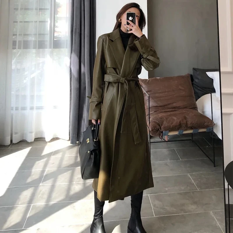 有钱姐姐的皮衣时髦绿色宽松系带外套女中长款秋冬酷飒风新款加绒