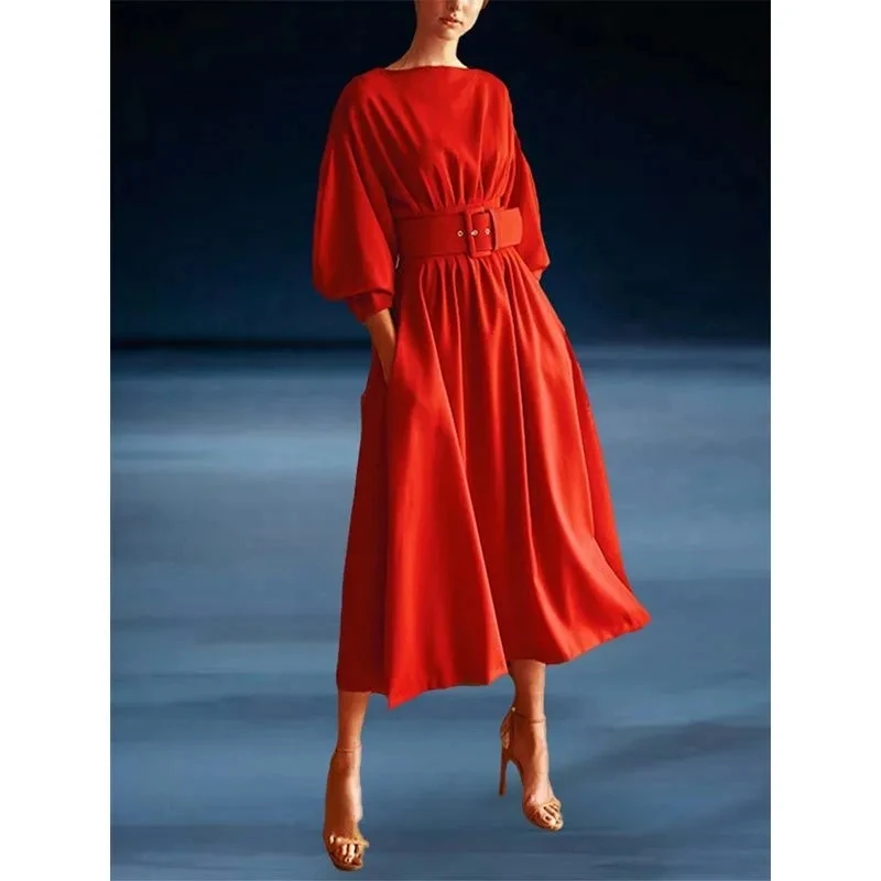 轻奢高端女装2023早春连衣裙法式温柔气质蝙蝠袖腰带收腰显瘦裙子