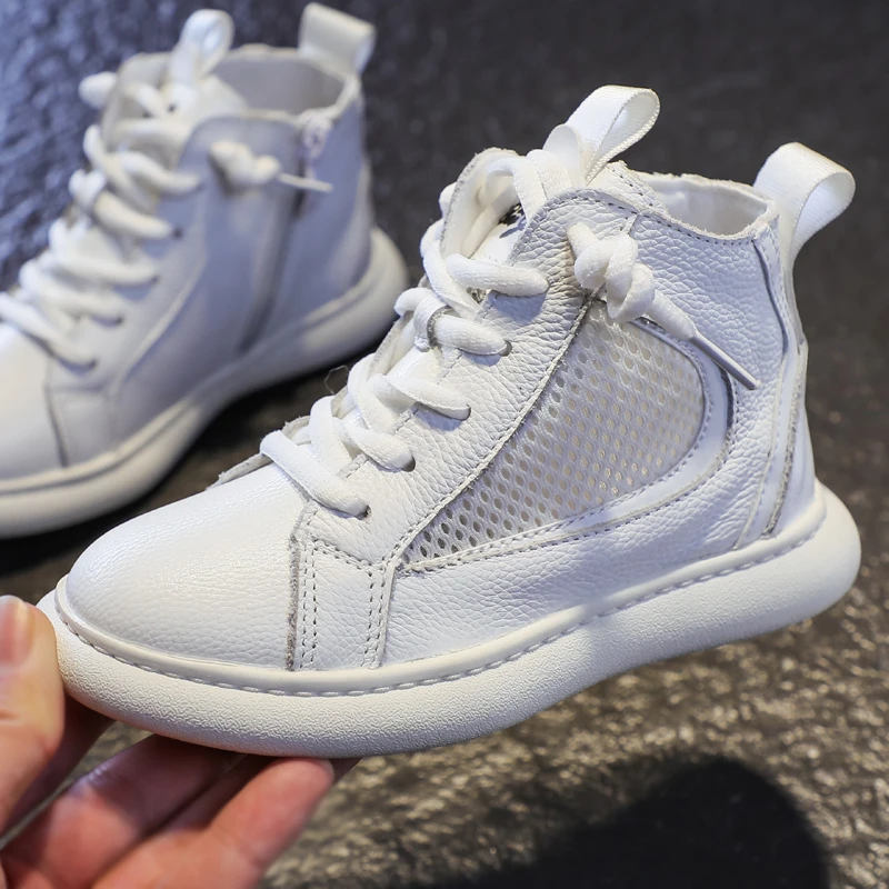 儿童小白鞋百搭真皮透气新款高帮鞋女网鞋时尚休闲潮鞋款学生鞋
