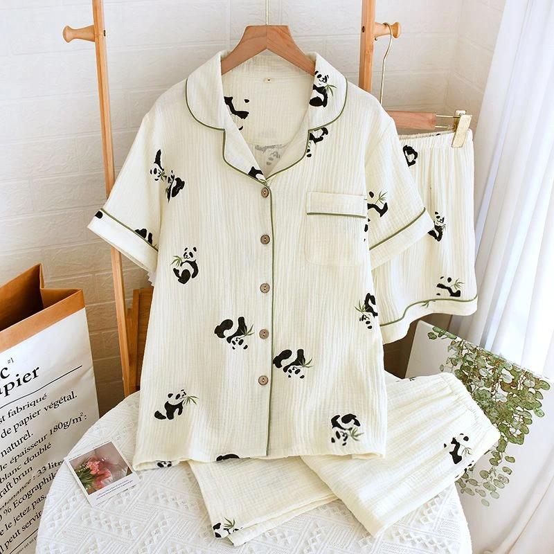 纯棉纱布睡衣少女夏季薄款短袖短裤长裤可外穿家居服套装卡通甜美