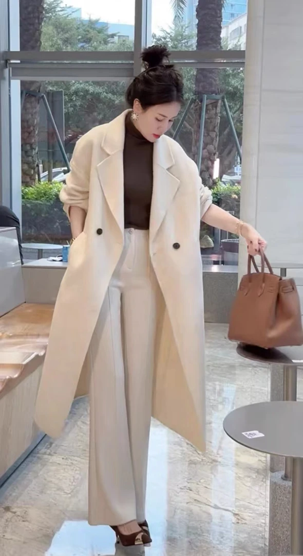 经典时尚九分袖百搭中长款双面羊毛大衣气质女士外套（薄款）清货