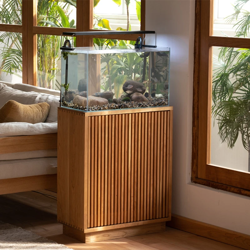 单门栅格柜 实木收纳鱼缸底柜樱桃木底座多功能客厅储物柜