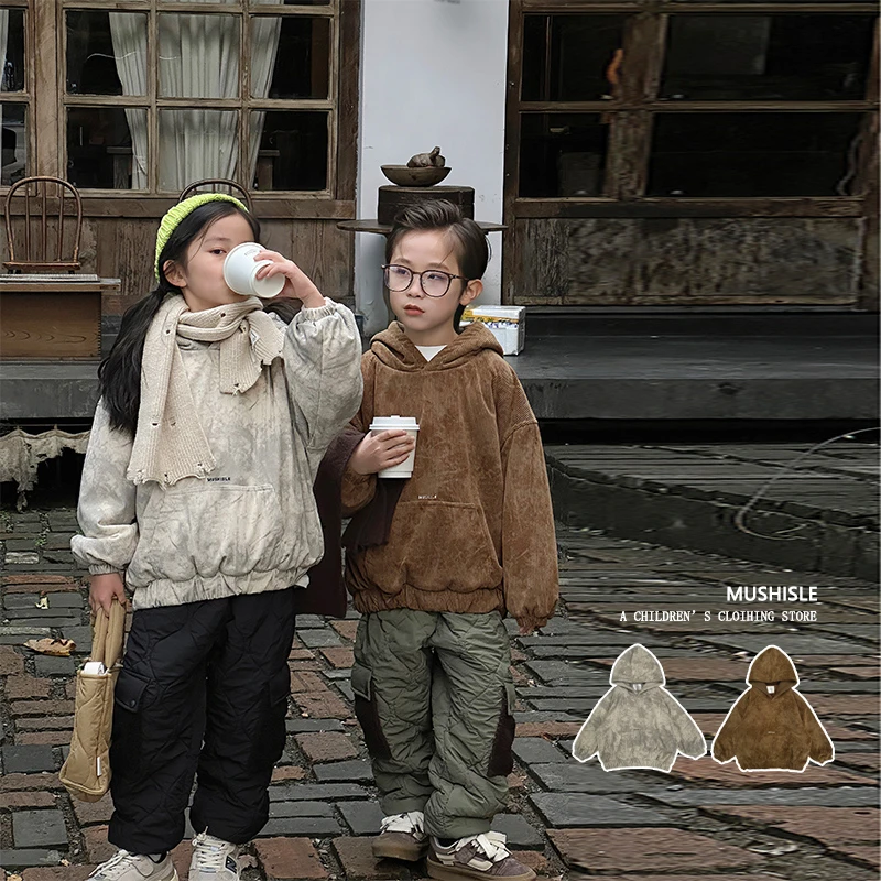 阿又男童连帽扎染加绒上衣儿童圆领套头宽松卫衣83260D