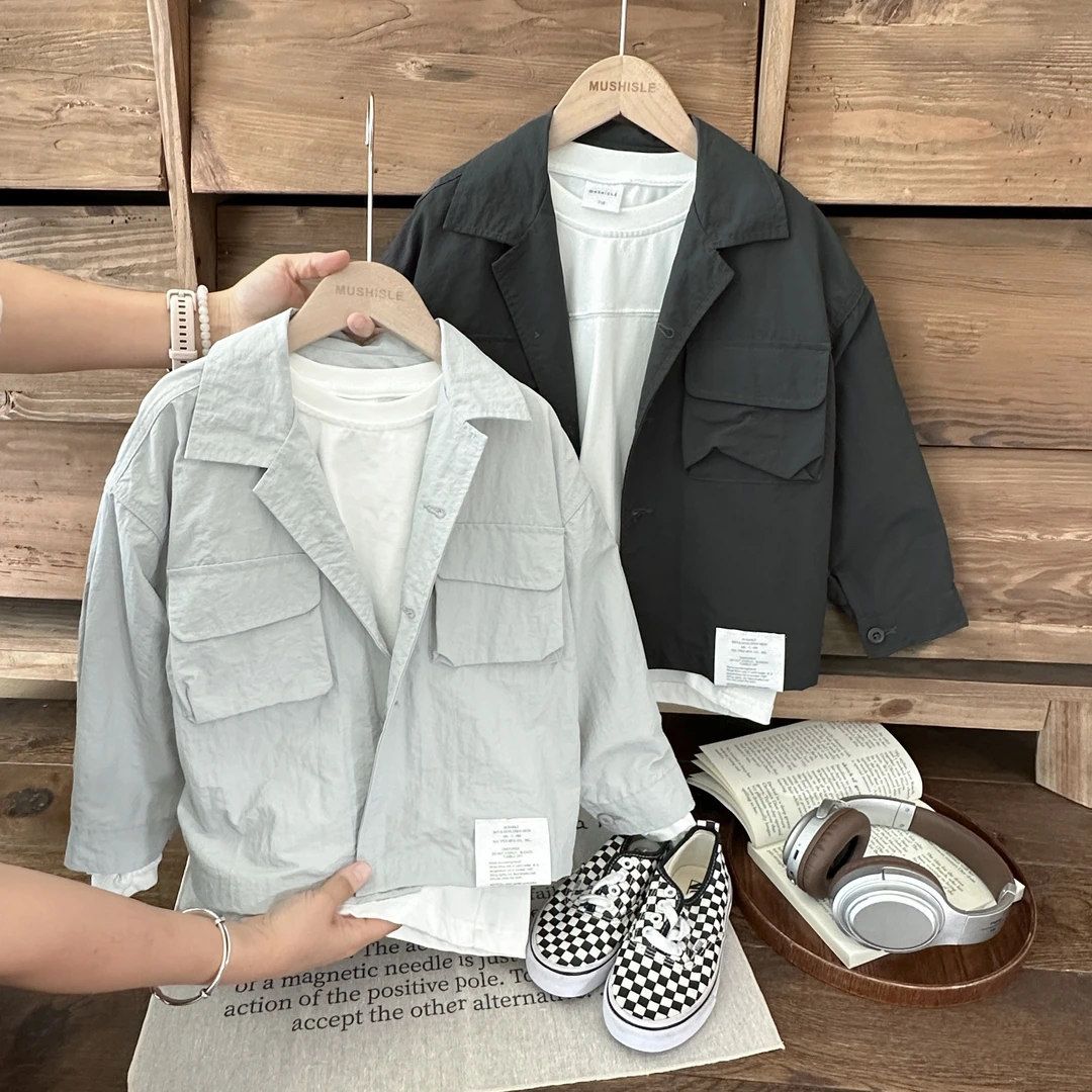 【2024新款】阿又春季男童纯色口袋翻领宽松休闲百搭外套99162C