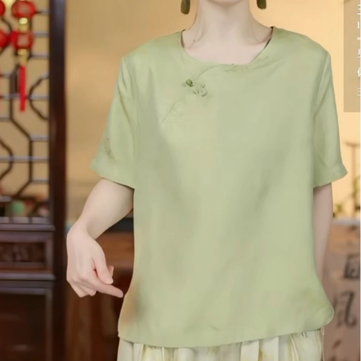 潘 新中式  绿色莲花短袖  824082
