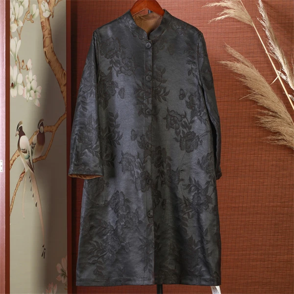 新中式风百搭双面穿立领风衣中长款171024 黑色 油缎织花 95 L