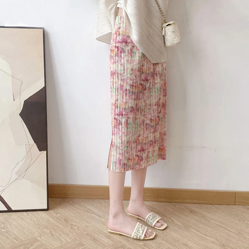 三宅褶皱2024新款夏季显瘦高腰直筒裙宅姹紫嫣红碎花淑女百褶半裙