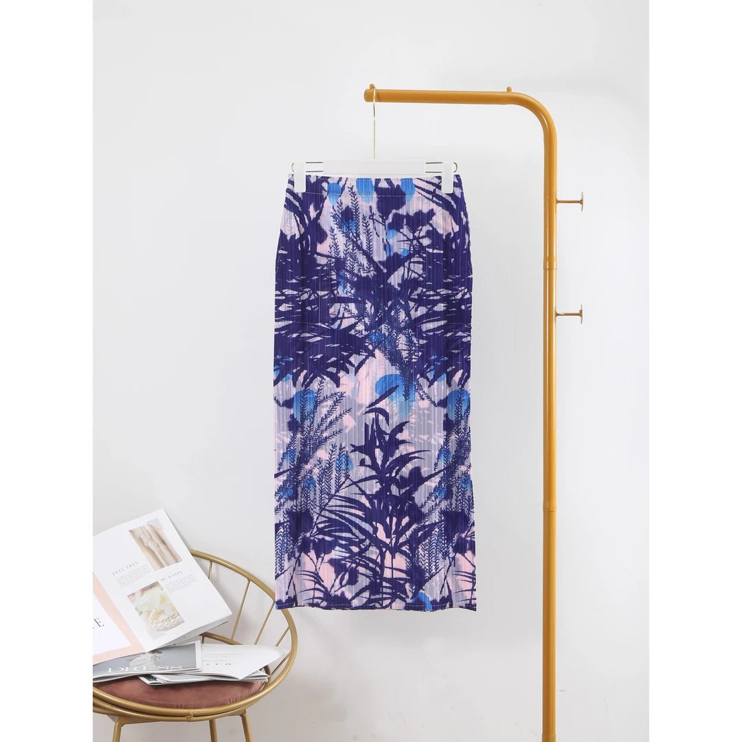 开叉褶皱半身裙女春夏高腰显瘦修身气质款中长裙松紧腰直筒百褶裙