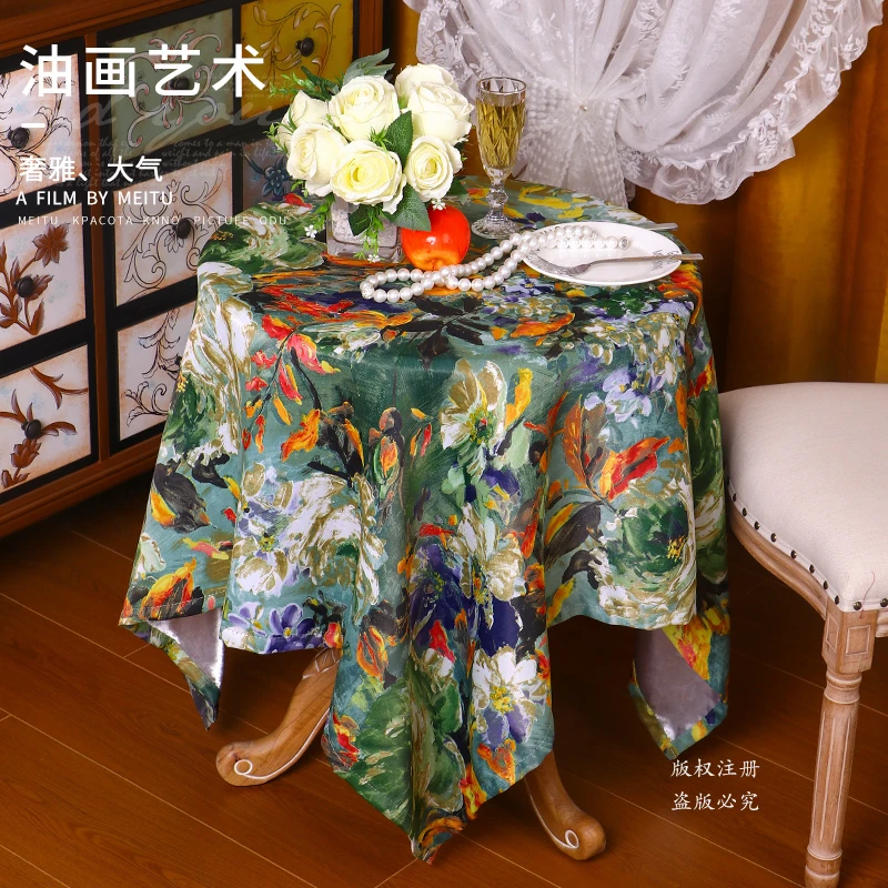 美式家用复古餐桌布油画花卉高级感艺术茶几布长方形台布书桌盖布