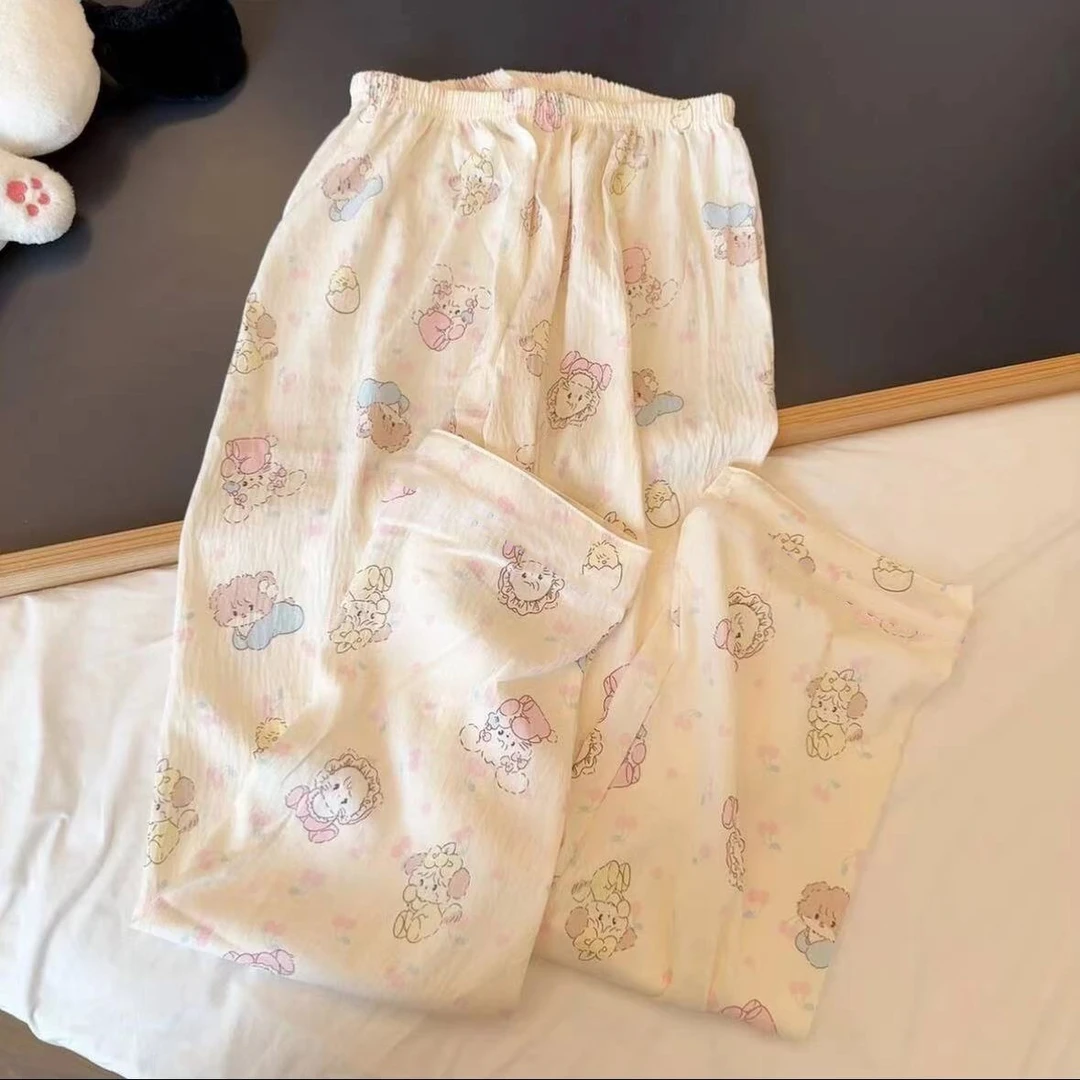 学生睡裤卡通可爱印花长裤阔腿裤夏季新款宽松高腰休闲遛弯家居裤