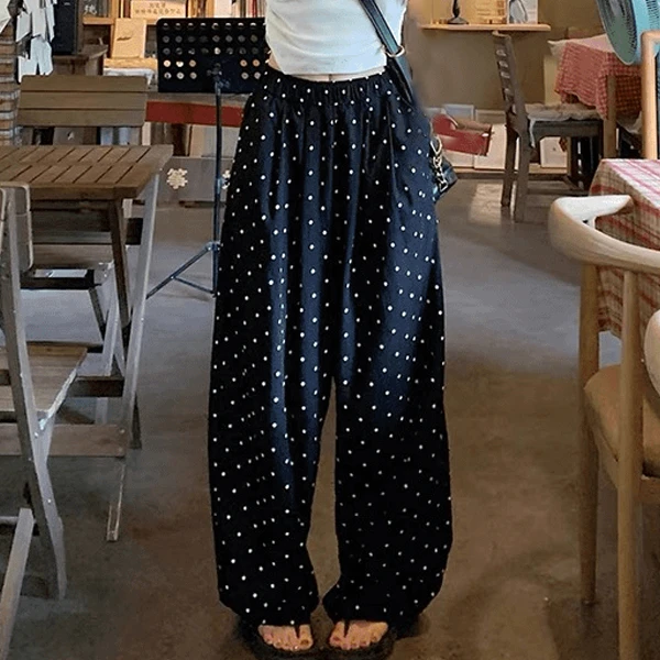阔腿裤休闲黑色波点睡裤女生夏季新款宽松大码可外穿大码睡裤长裤