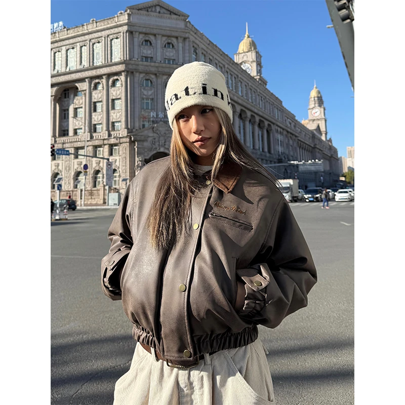 CCYE川川也美式复古做旧皮衣棉服加厚夹棉街头ins保暖外套