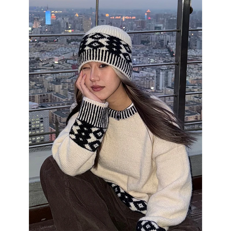 CCYE川川也新款复古花纹提花针织帽保暖拼色针织毛线帽黑白ins