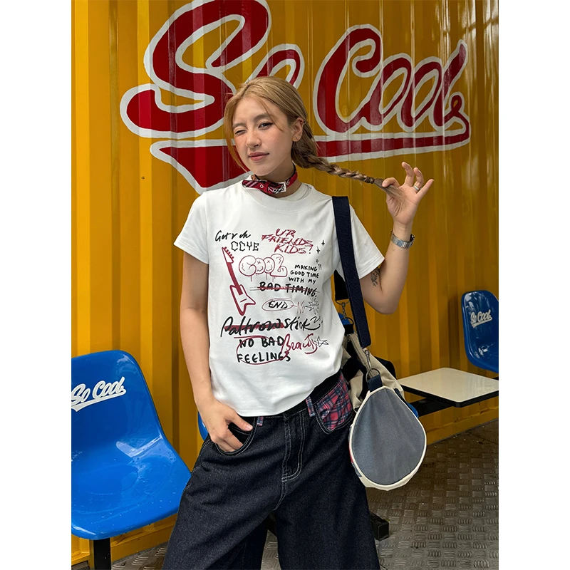 CCYE川川也美式印花正肩短袖修身微宽松白色涂鸦t恤弹力复古圆领
