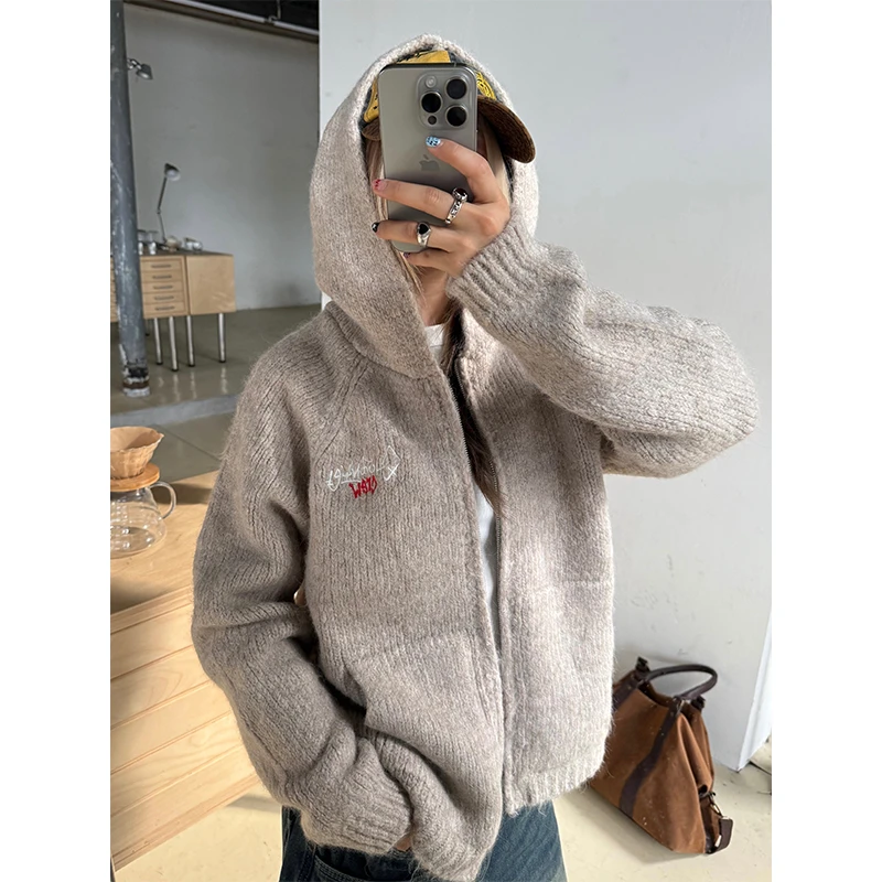 川川也CCYE美式复古男女刺绣连帽宽松毛衣插肩街头拉链针织外套秋