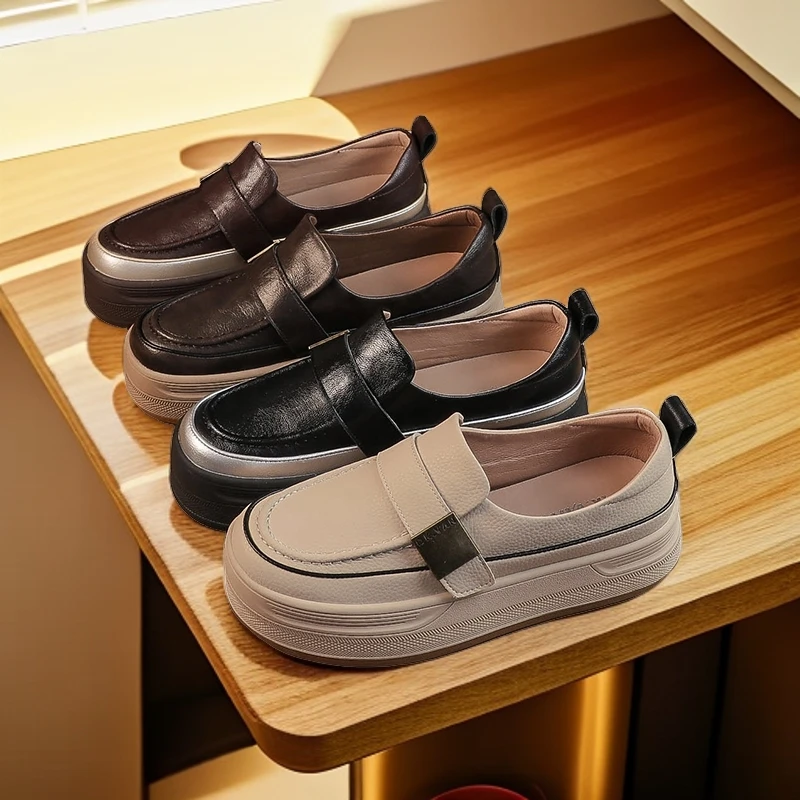 D3557真皮乐福鞋休闲鞋女4cm平底单鞋复古妈妈女鞋直播2024秋季