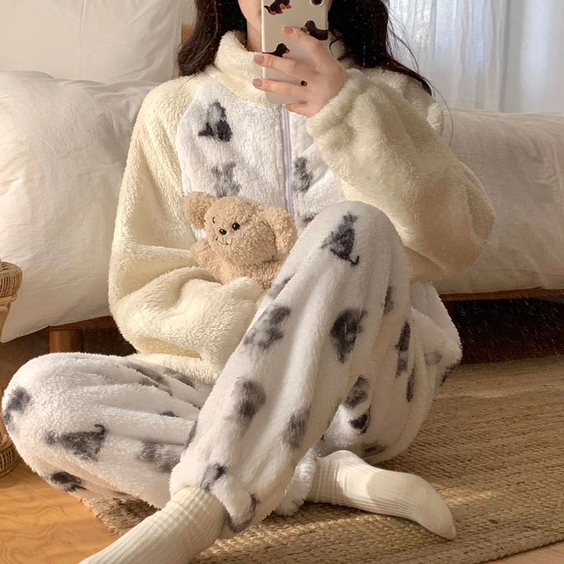 『Again』珊瑚绒睡衣女秋冬季加厚保暖韩版设计感可爱家居服套装