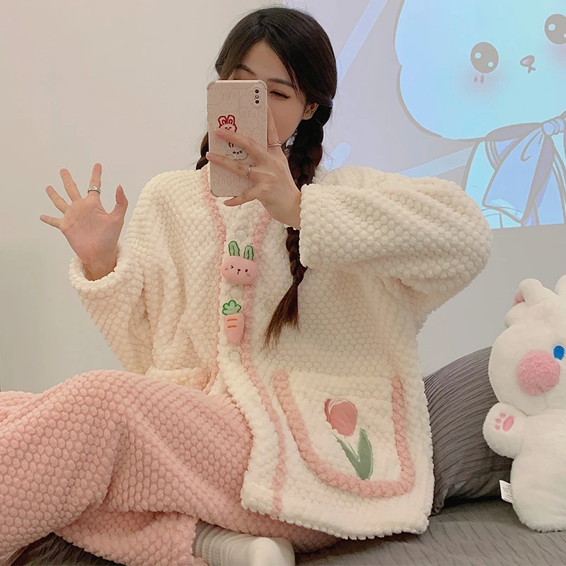 『Again』珊瑚绒睡衣女秋冬季甜美可爱加厚保暖网红家居服两件套装