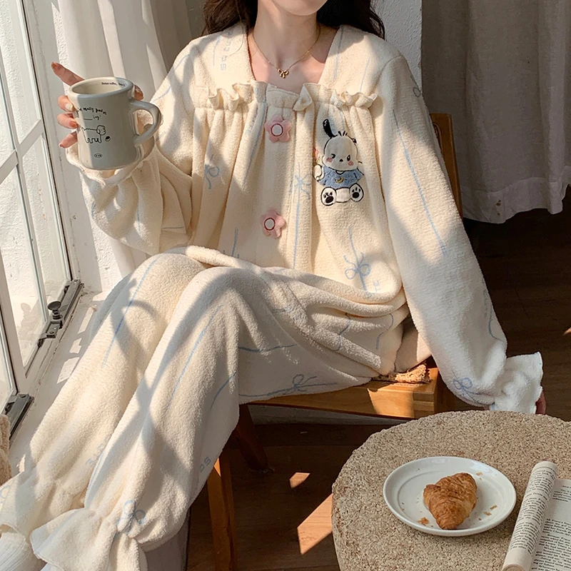 珊瑚绒睡衣女春秋冬季保暖加厚套装2024新款可爱法兰绒家居服小狗