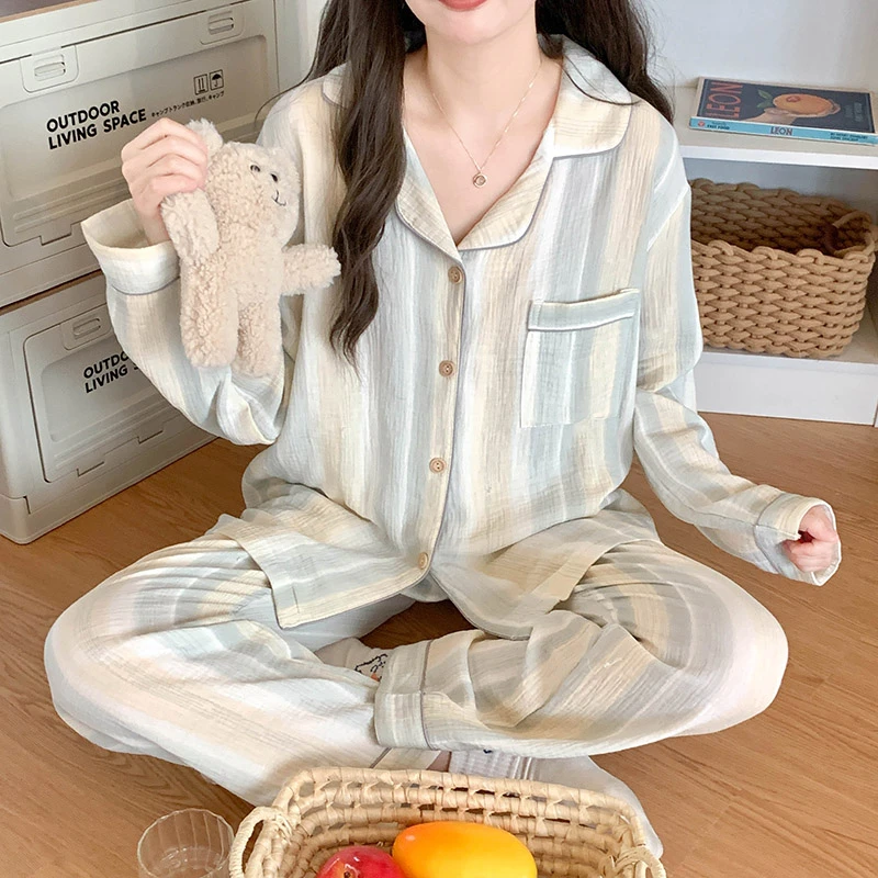 睡衣女春秋季长袖棉纱布2024新款套装可爱甜美家居服网红爆款竖条
