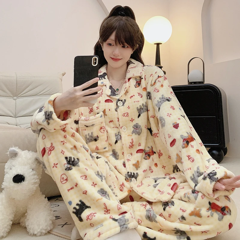 珊瑚绒睡衣女春秋冬季加厚保暖可爱法兰绒甜美家居服套装黄格小狗