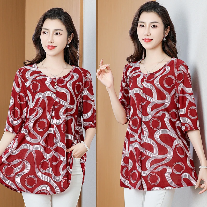 100斤-240斤特大码妈妈装中袖时尚印花圆领宽松显瘦大码中长A版衫