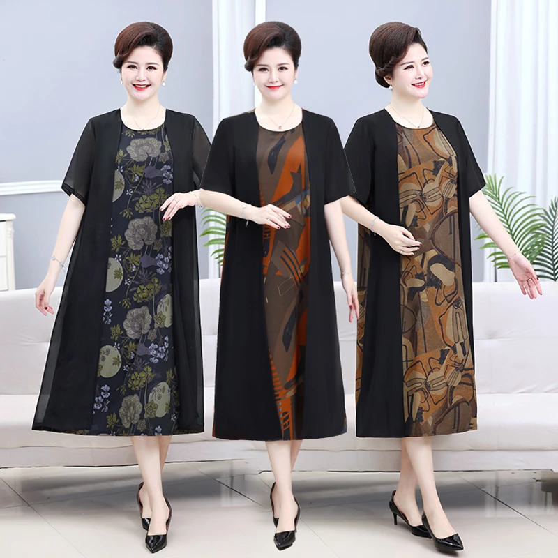 105斤-240斤连衣裙假两件妈妈装中老年人加肥加大码宽松版仿真丝