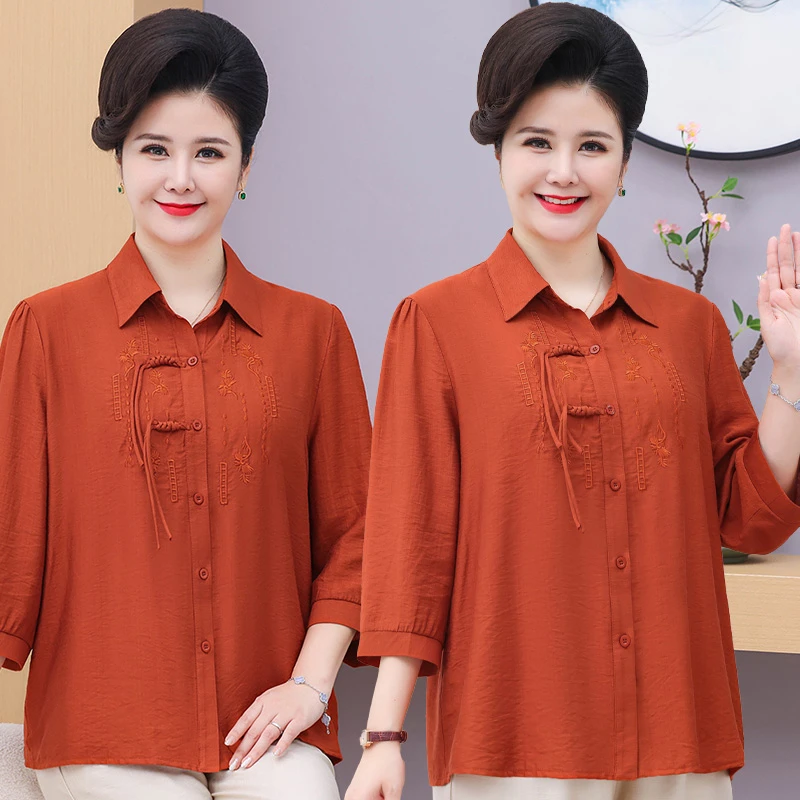加肥加大码新中式妈妈装夏季休闲宽松中国风上衣老年女显瘦衬衫