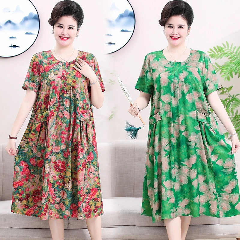 新款妈妈装夏季短袖连衣裙宽松遮肚中老年加肥加大码碎花色裙子