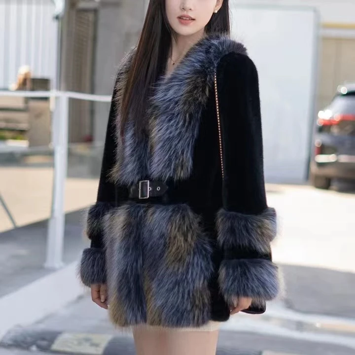 2024冬季时尚仿水貂毛毛外套皮毛一体大衣女仿貂绒环保皮草中长款