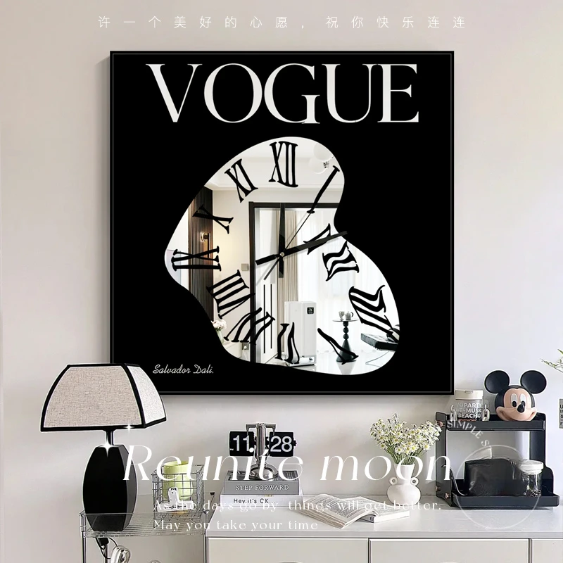 黑白极简风钟表挂钟客厅装饰画新款镜子时钟挂画高级感餐厅摆件画