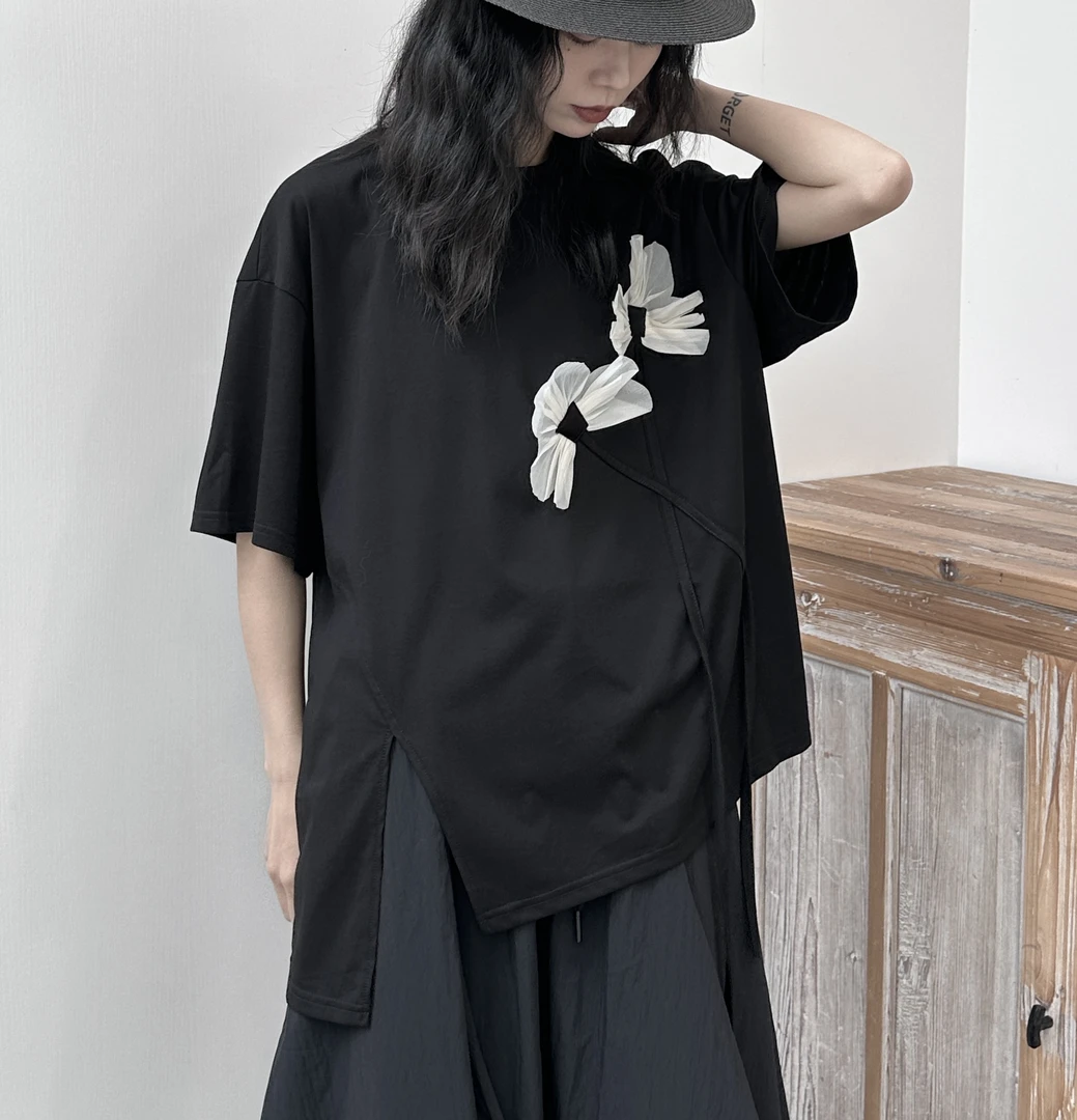 【晚李四季】夏季立体花朵设计感宽松T恤 圆领小众短袖上衣